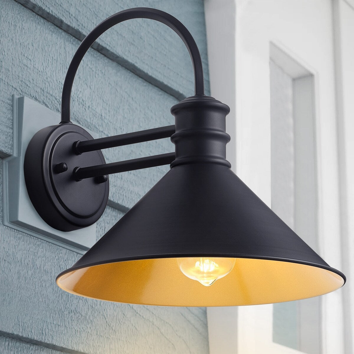 Vintage Farmhouse 1-flammige mattschwarze Schwanenhals-Wandleuchte mit kegelförmigem Metallschirm