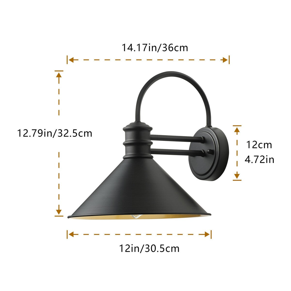 Vintage Farmhouse 1-flammige mattschwarze Schwanenhals-Wandleuchte mit kegelförmigem Metallschirm