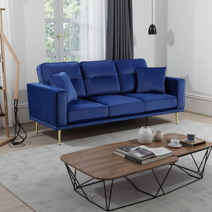 Voxo Sofa with 2 Accent Pillows, Blue Velvet Padded Seat, 82 Inch
