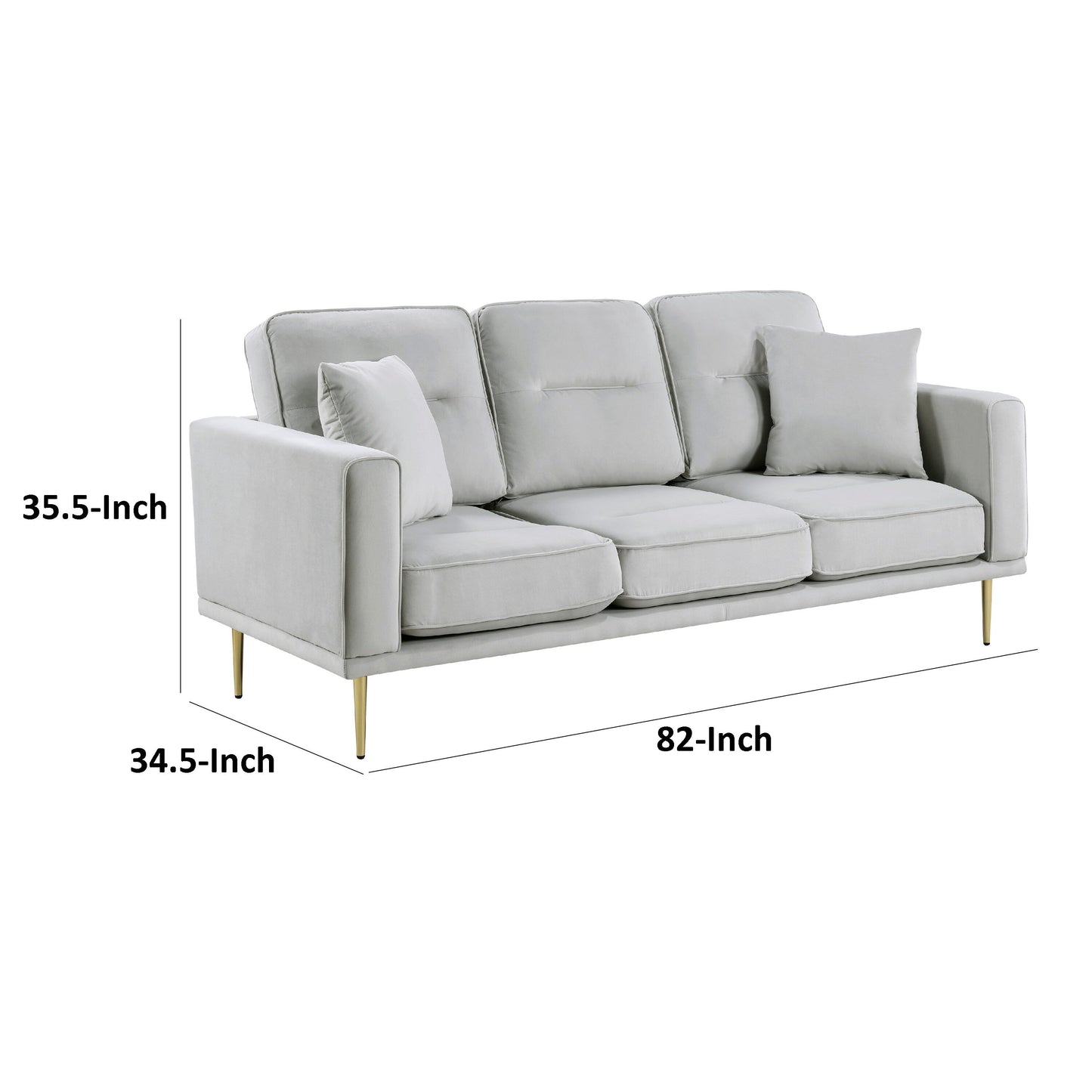 Voxo Sofa, Gray Velvet Padded Seat, Two Accent Pillows, 82 Inch