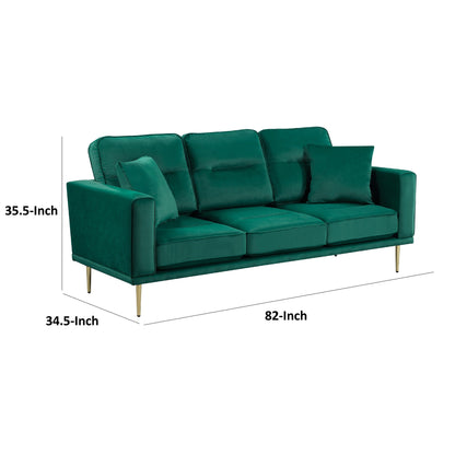 Voxo Sofa, Green Velvet Padded Seat, Two Accent Pillows, 82 Inch