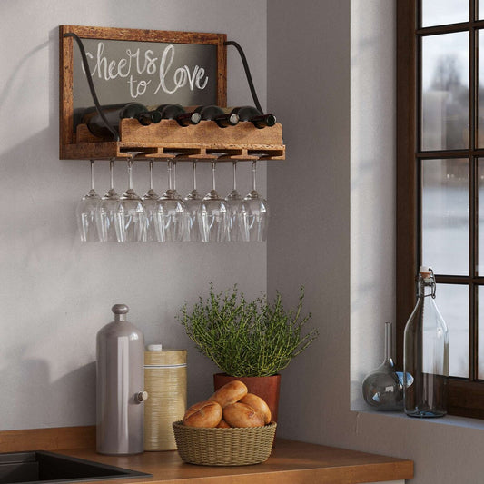 Wallniture Colmar Weinregal aus Holz zur Wandmontage, Weinglashalter, Organizer für 4 Weinflaschen, rustikales Dekor für die Hausbar