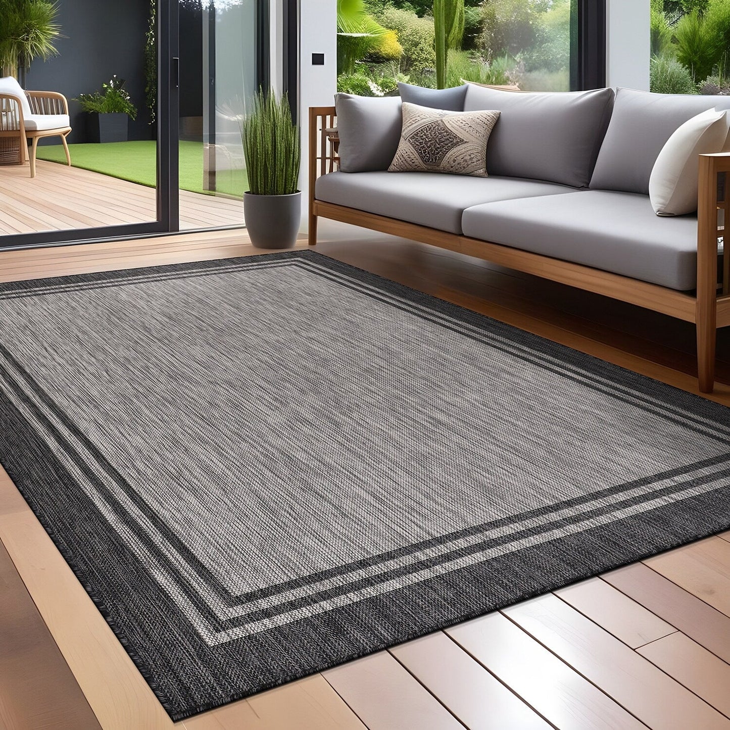 Waschbarer Teppich mit Bordüre für drinnen und draußen, für Terrasse, Deck, Veranda