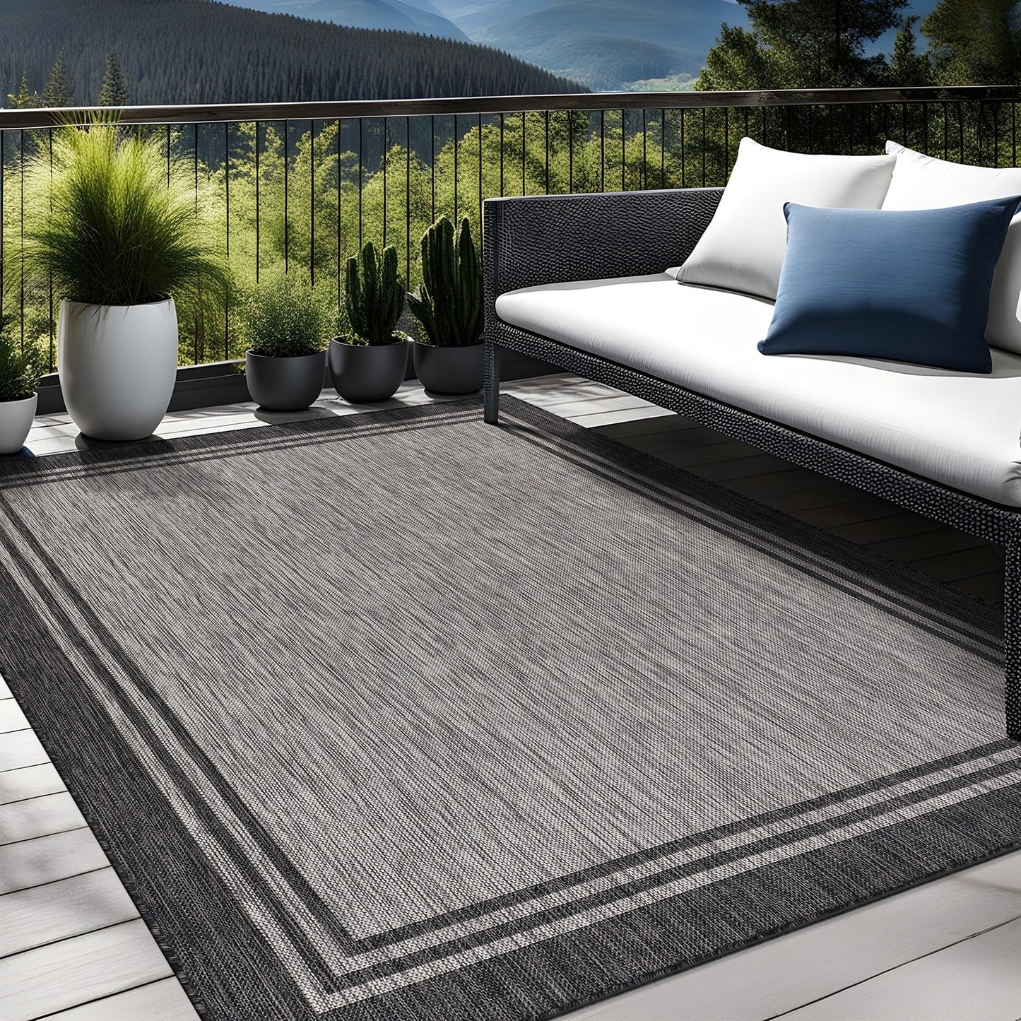 Waschbarer Teppich mit Bordüre für drinnen und draußen, für Terrasse, Deck, Veranda