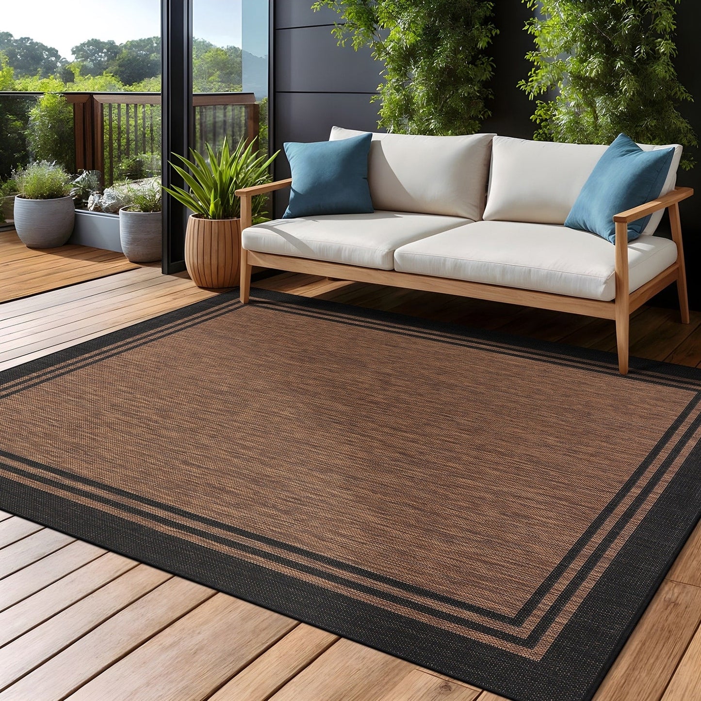 Waschbarer Teppich mit Bordüre für drinnen und draußen, für Terrasse, Deck, Veranda