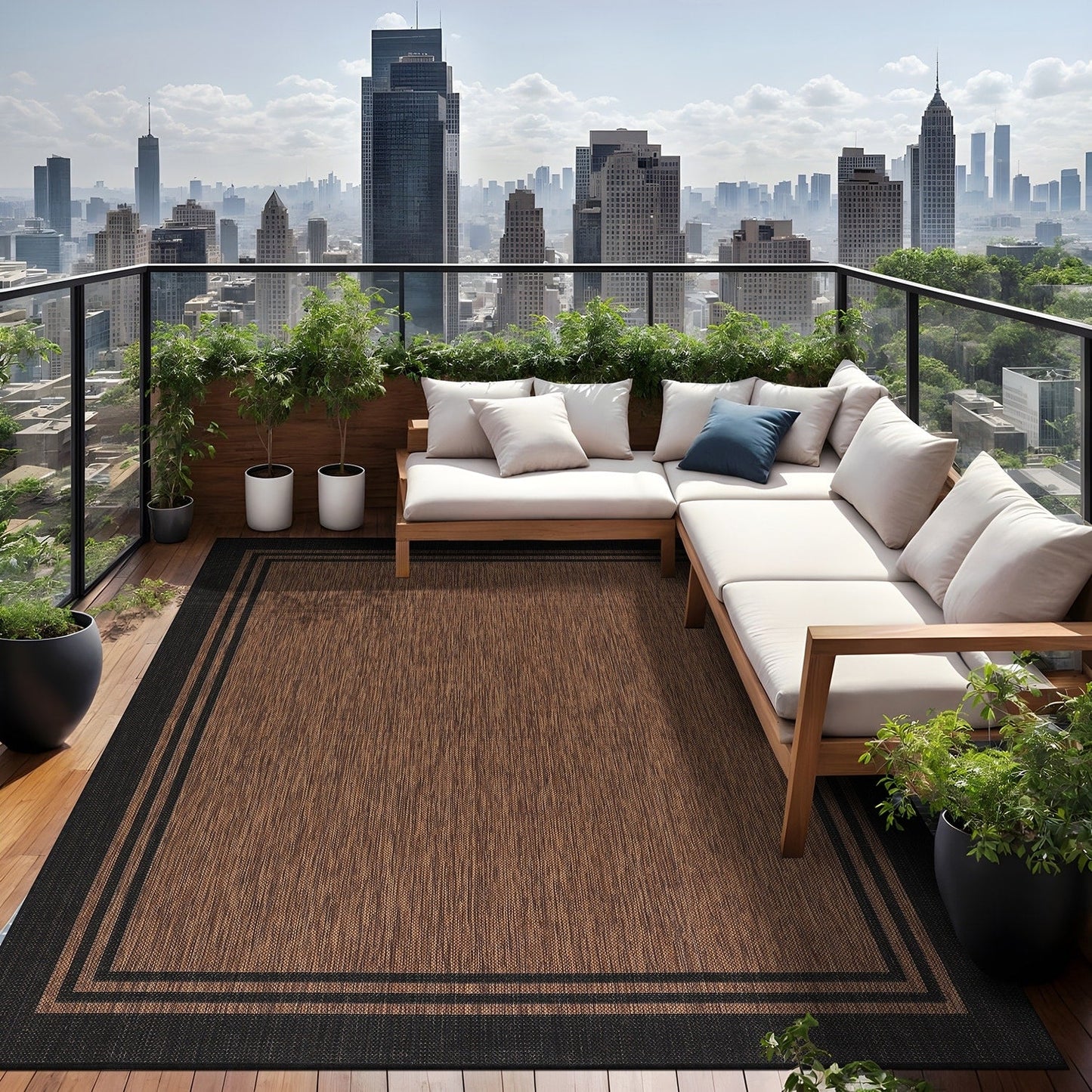 Waschbarer Teppich mit Bordüre für drinnen und draußen, für Terrasse, Deck, Veranda