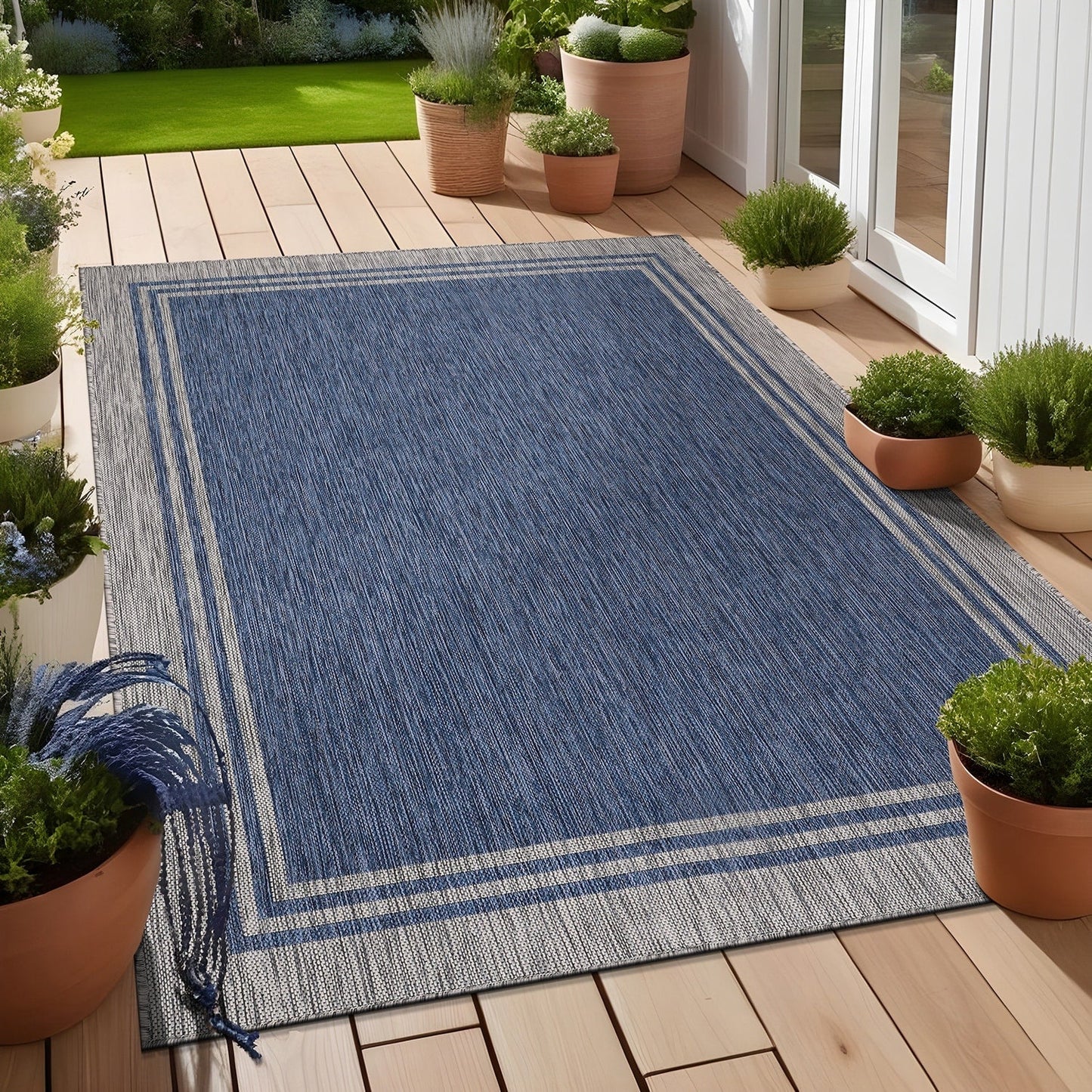 Waschbarer Teppich mit Bordüre für drinnen und draußen, für Terrasse, Deck, Veranda