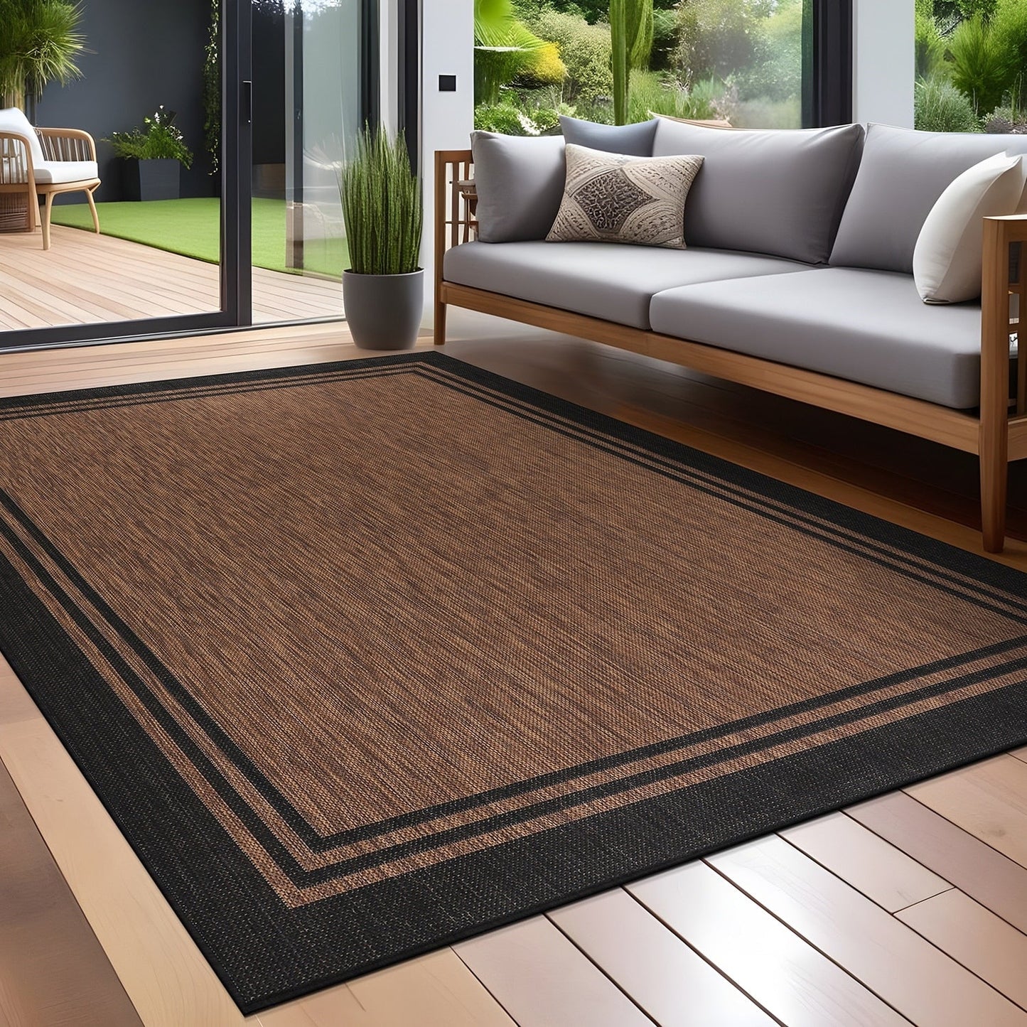 Waschbarer Teppich mit Bordüre für drinnen und draußen, für Terrasse, Deck, Veranda