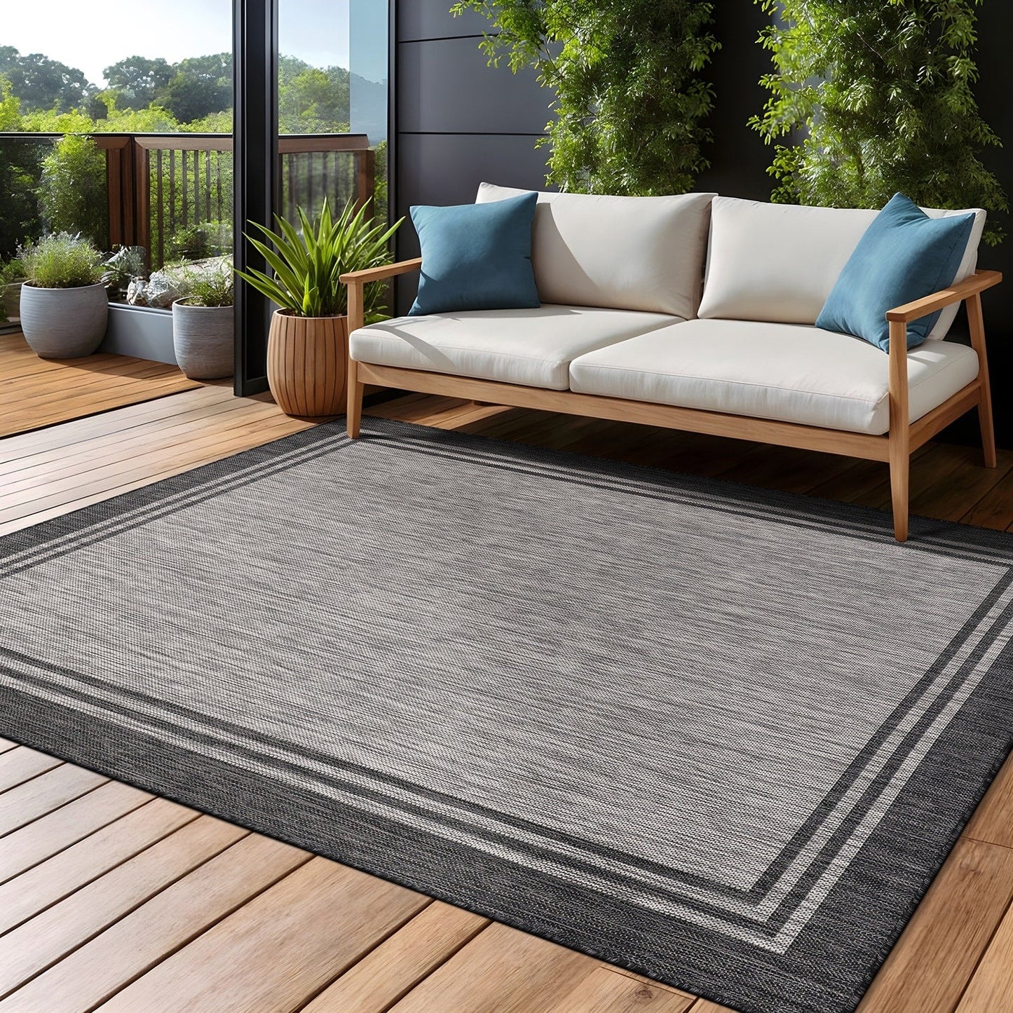 Waschbarer Teppich mit Bordüre für drinnen und draußen, für Terrasse, Deck, Veranda