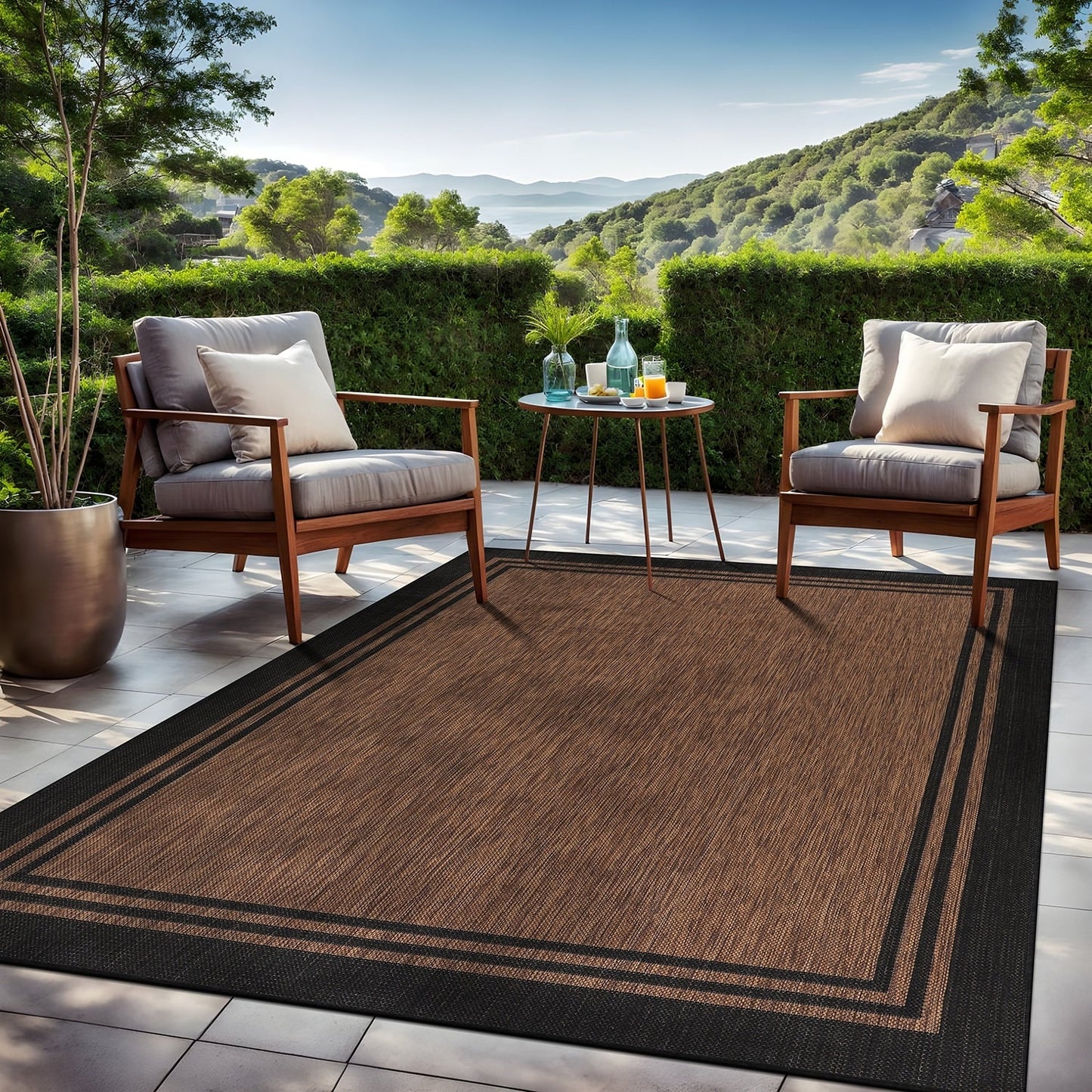 Waschbarer Teppich mit Bordüre für drinnen und draußen, für Terrasse, Deck, Veranda