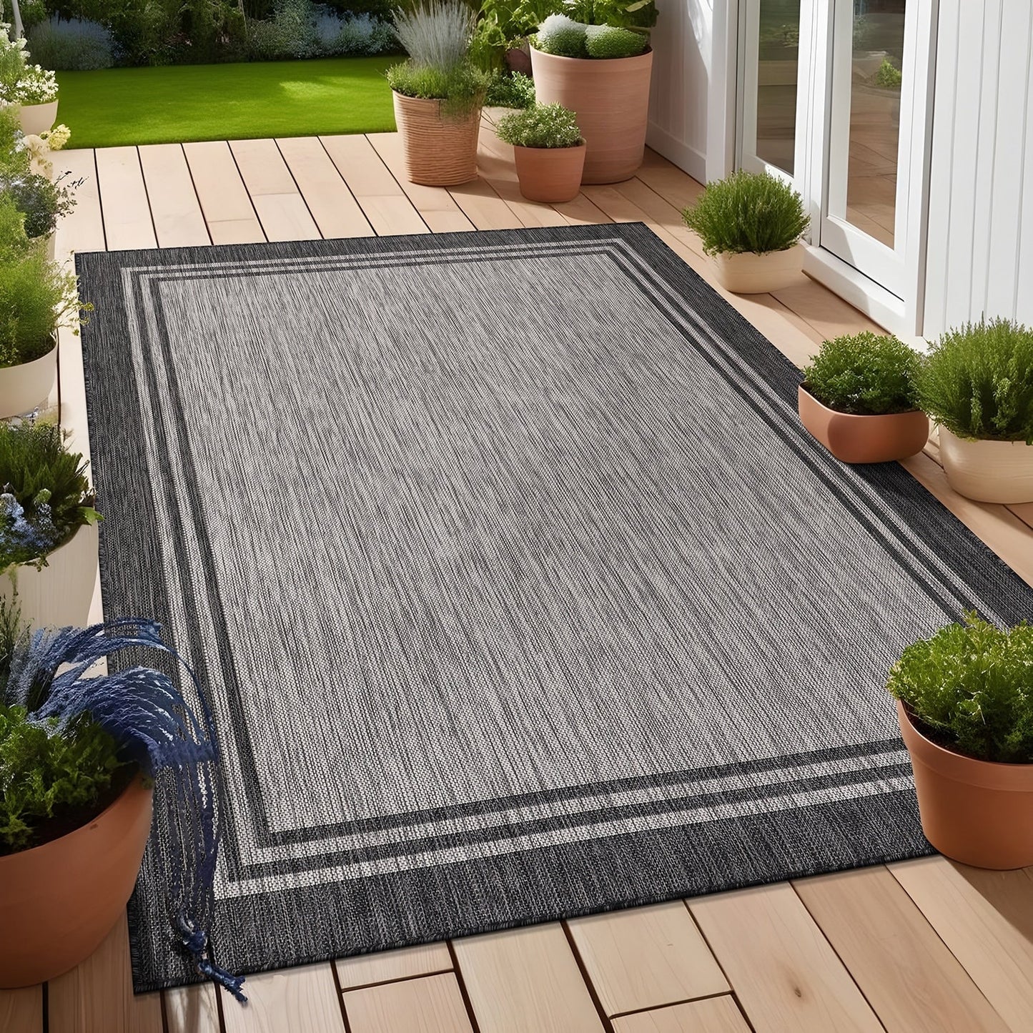 Waschbarer Teppich mit Bordüre für drinnen und draußen, für Terrasse, Deck, Veranda