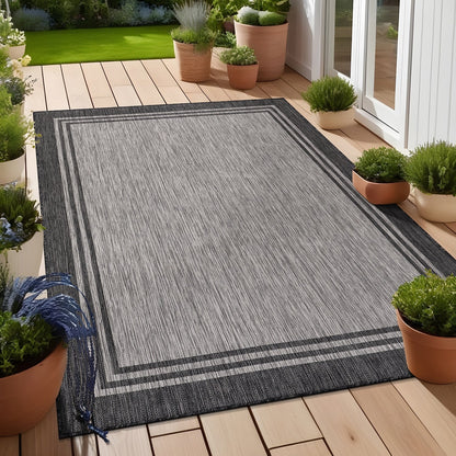 Waschbarer Teppich mit Bordüre für drinnen und draußen, für Terrasse, Deck, Veranda