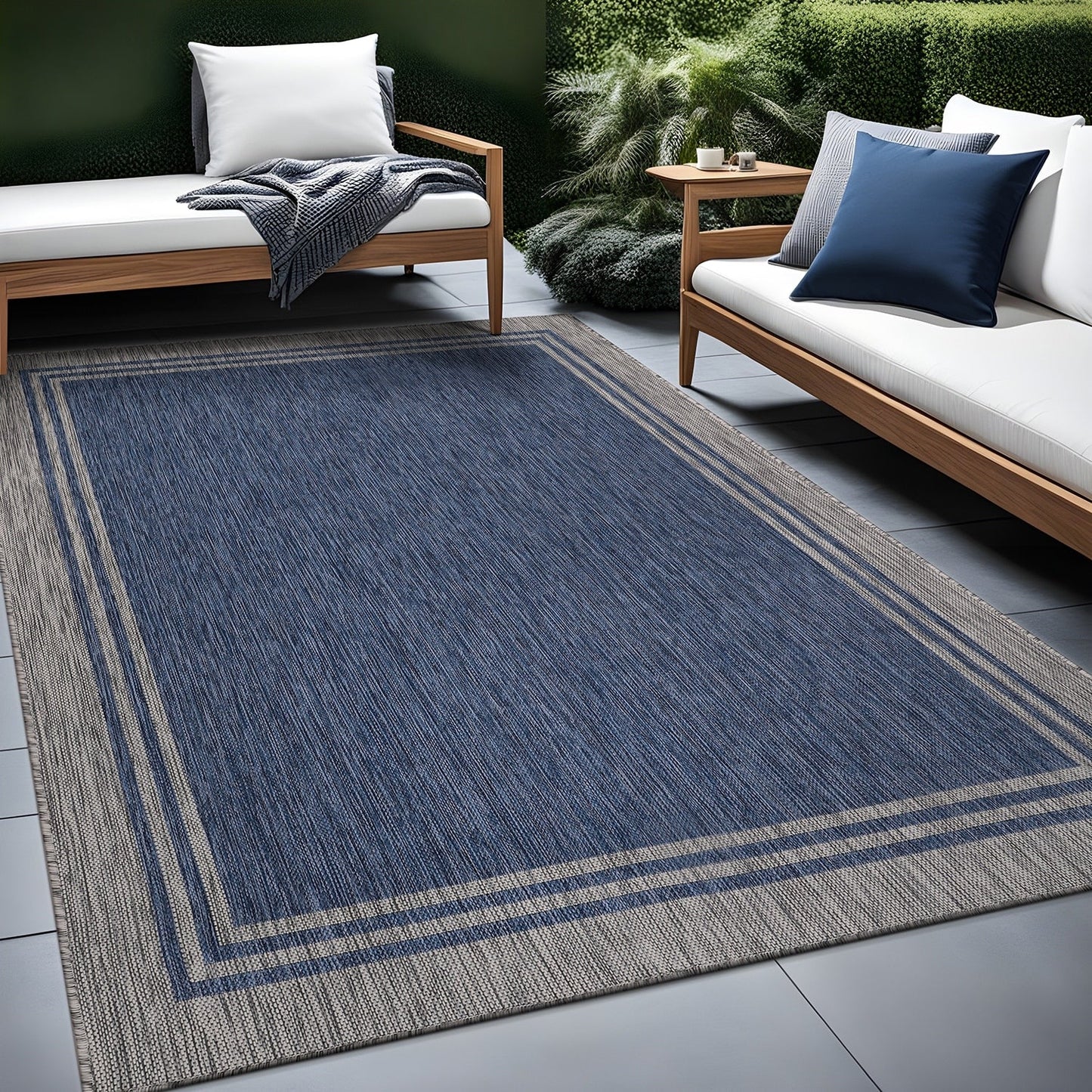 Waschbarer Teppich mit Bordüre für drinnen und draußen, für Terrasse, Deck, Veranda