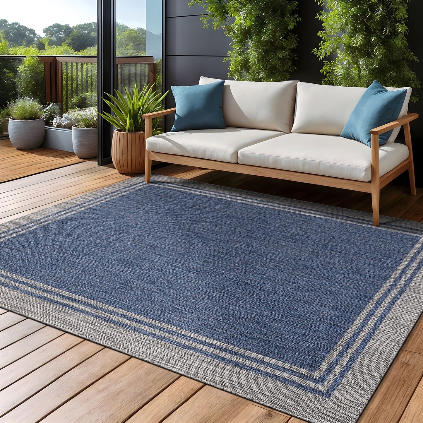 Waschbarer Teppich mit Bordüre für drinnen und draußen, für Terrasse, Deck, Veranda