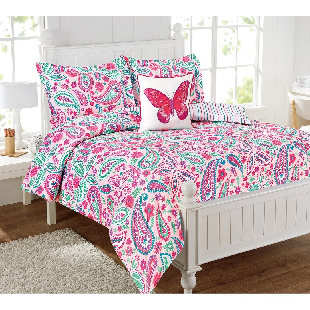 Aquarell Flutter Pink Floral Bettdeckenset mit Schmetterlings-Kissen
