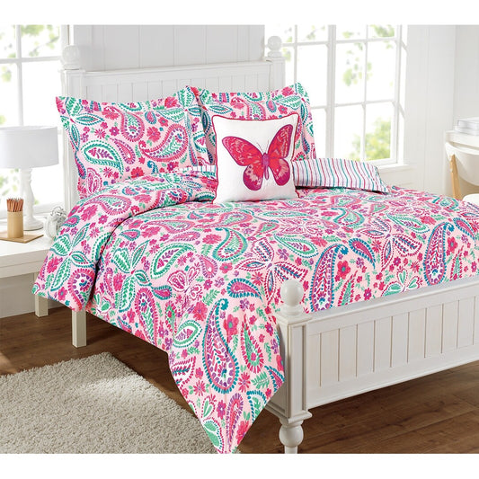 Aquarell Flutter Pink Floral Bettdeckenset mit Schmetterlings-Kissen