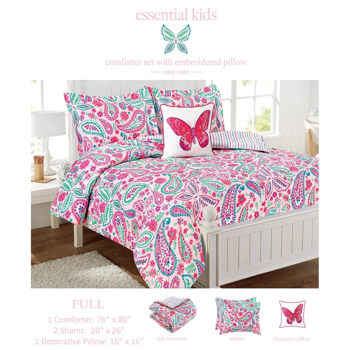 Aquarell Flutter Pink Floral Bettdeckenset mit Schmetterlings-Kissen