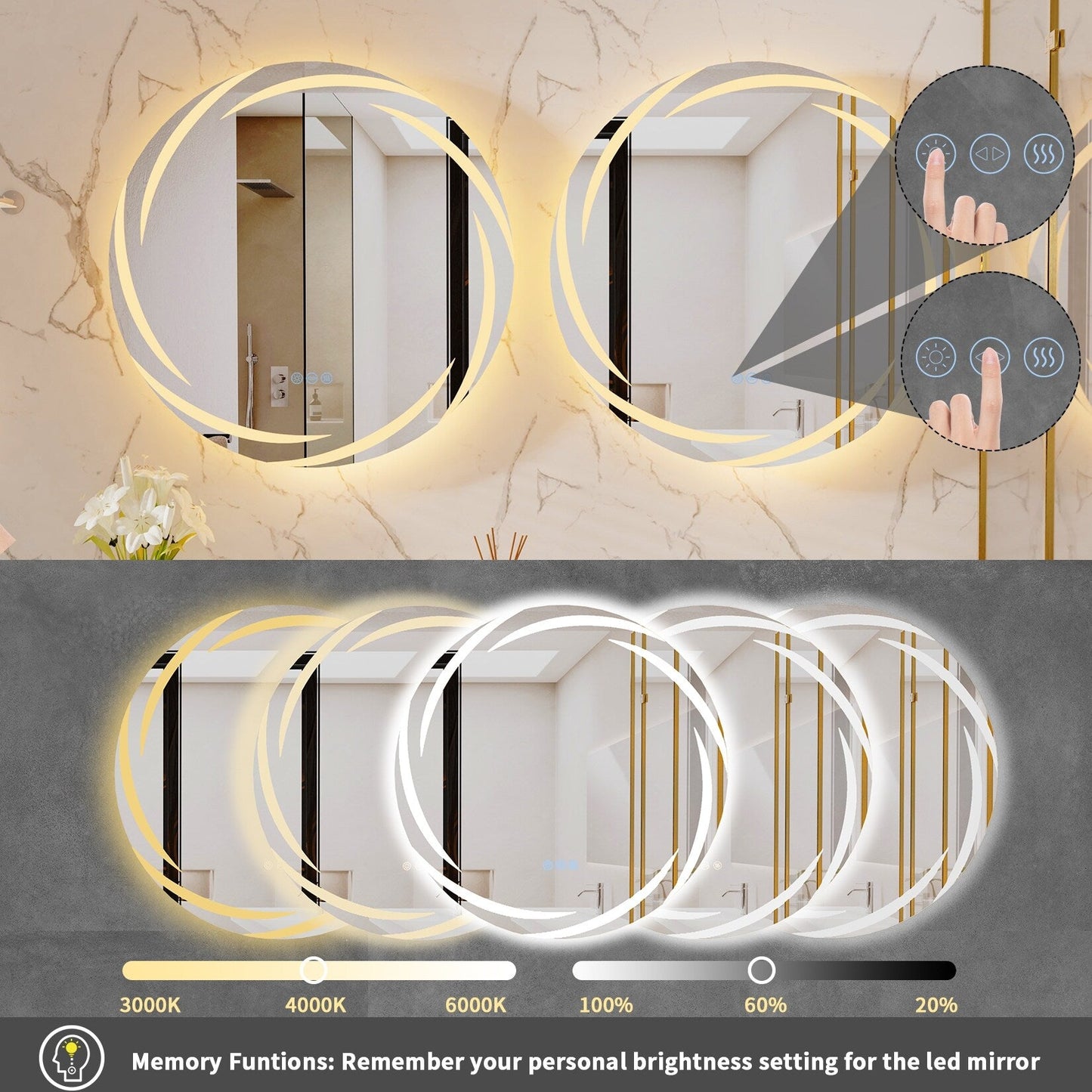 Wasserdichter LED-Touch-Licht-Badezimmerspiegel Anti-Beschlag-Waschtisch dimmbar