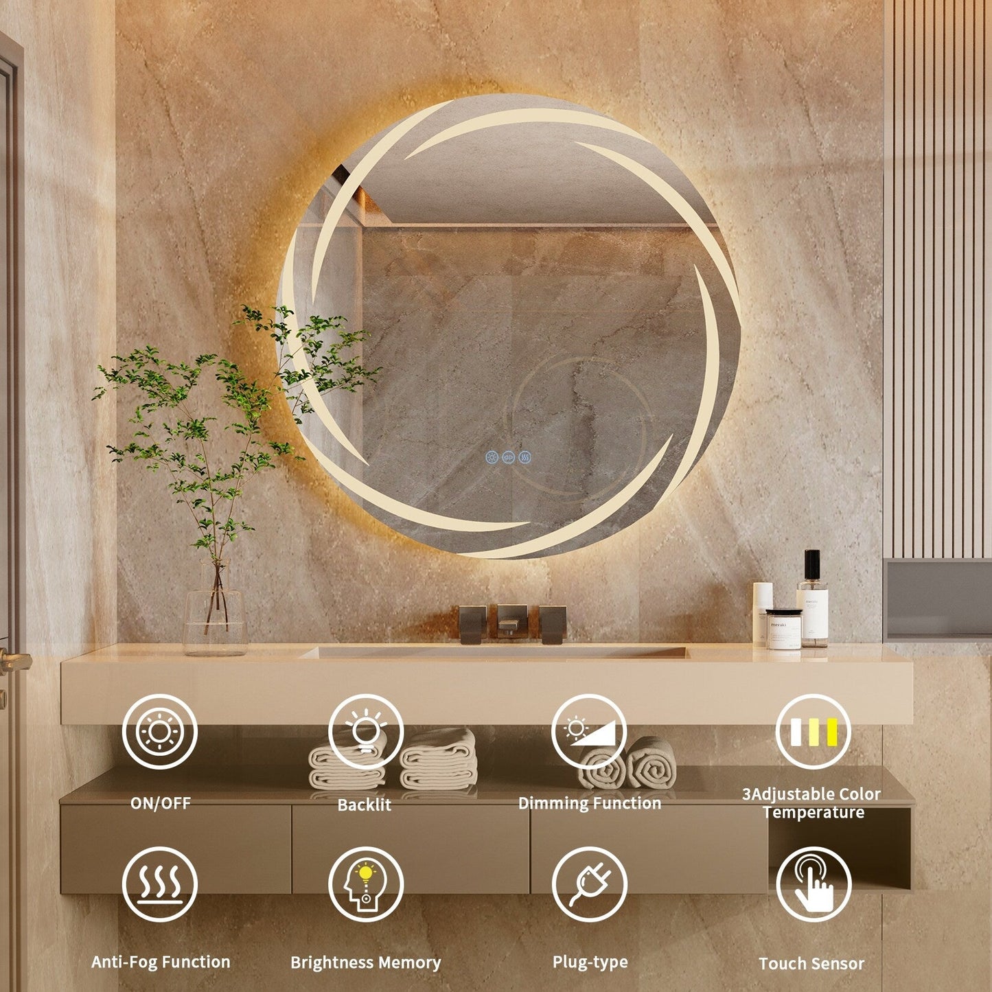 Wasserdichter LED-Touch-Licht-Badezimmerspiegel Anti-Beschlag-Waschtisch dimmbar