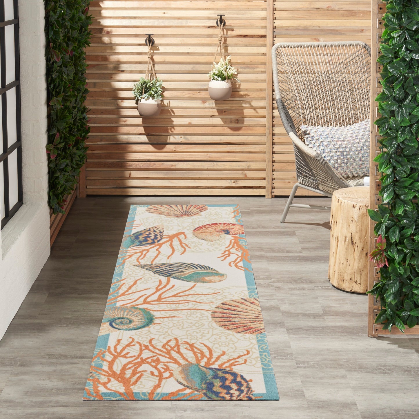 Waverly Sun &amp; Shade Shore Thing Teppich für drinnen und draußen, tropische Muscheln, Blumenmuster