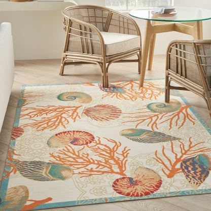 Waverly Sun &amp; Shade Shore Thing Teppich für drinnen und draußen, tropische Muscheln, Blumenmuster