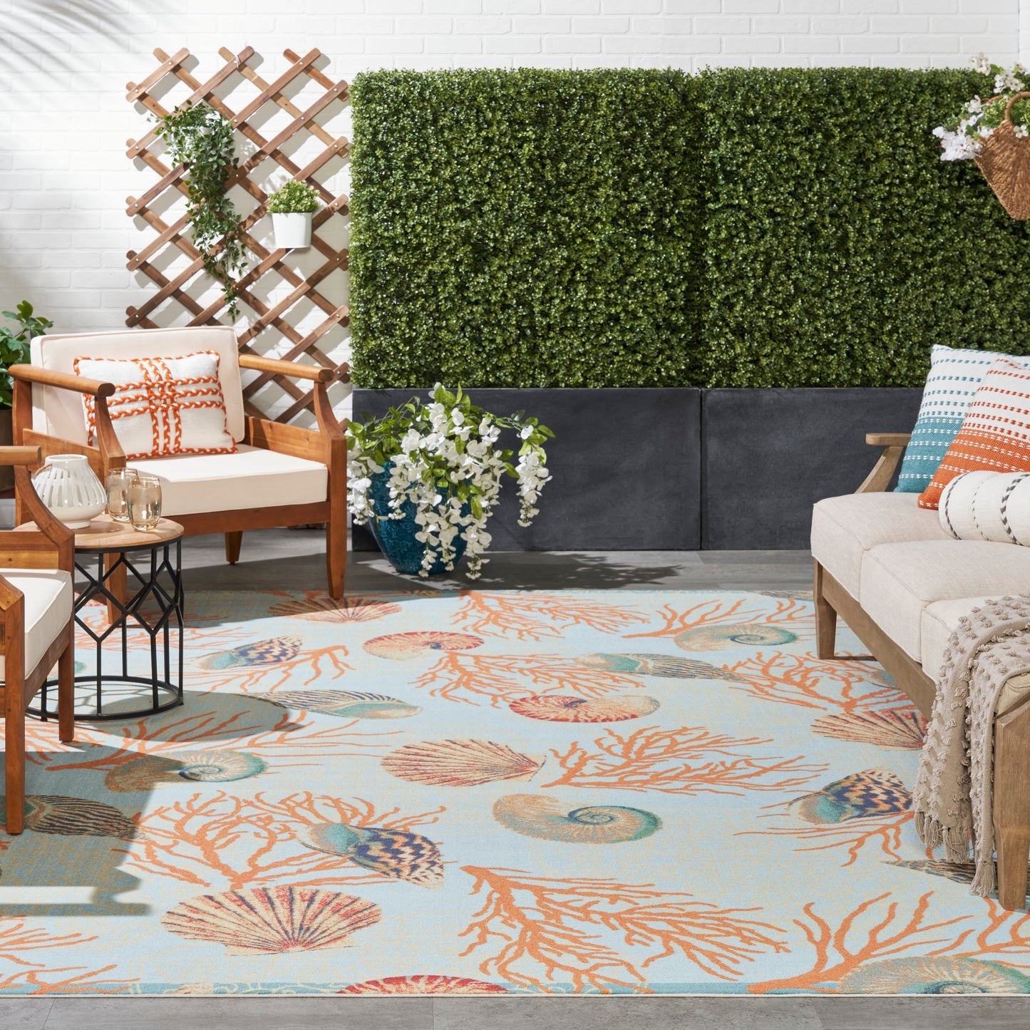 Waverly Sun &amp; Shade Shore Thing Teppich für drinnen und draußen, tropische Muscheln, Blumenmuster