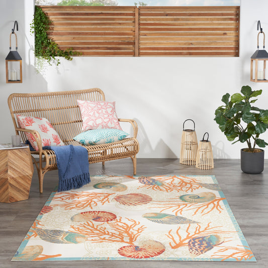 Waverly Sun &amp; Shade Shore Thing Teppich für drinnen und draußen, tropische Muscheln, Blumenmuster