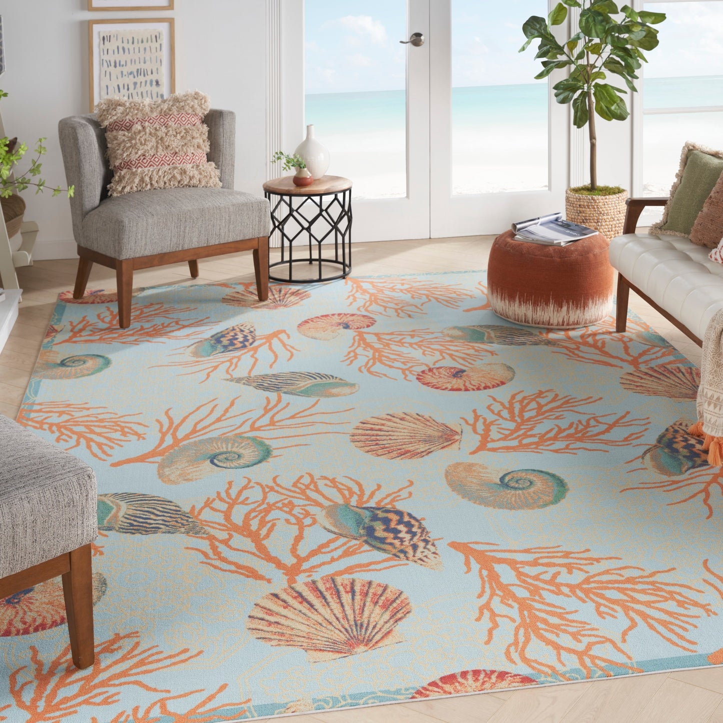 Waverly Sun &amp; Shade Shore Thing Teppich für drinnen und draußen, tropische Muscheln, Blumenmuster
