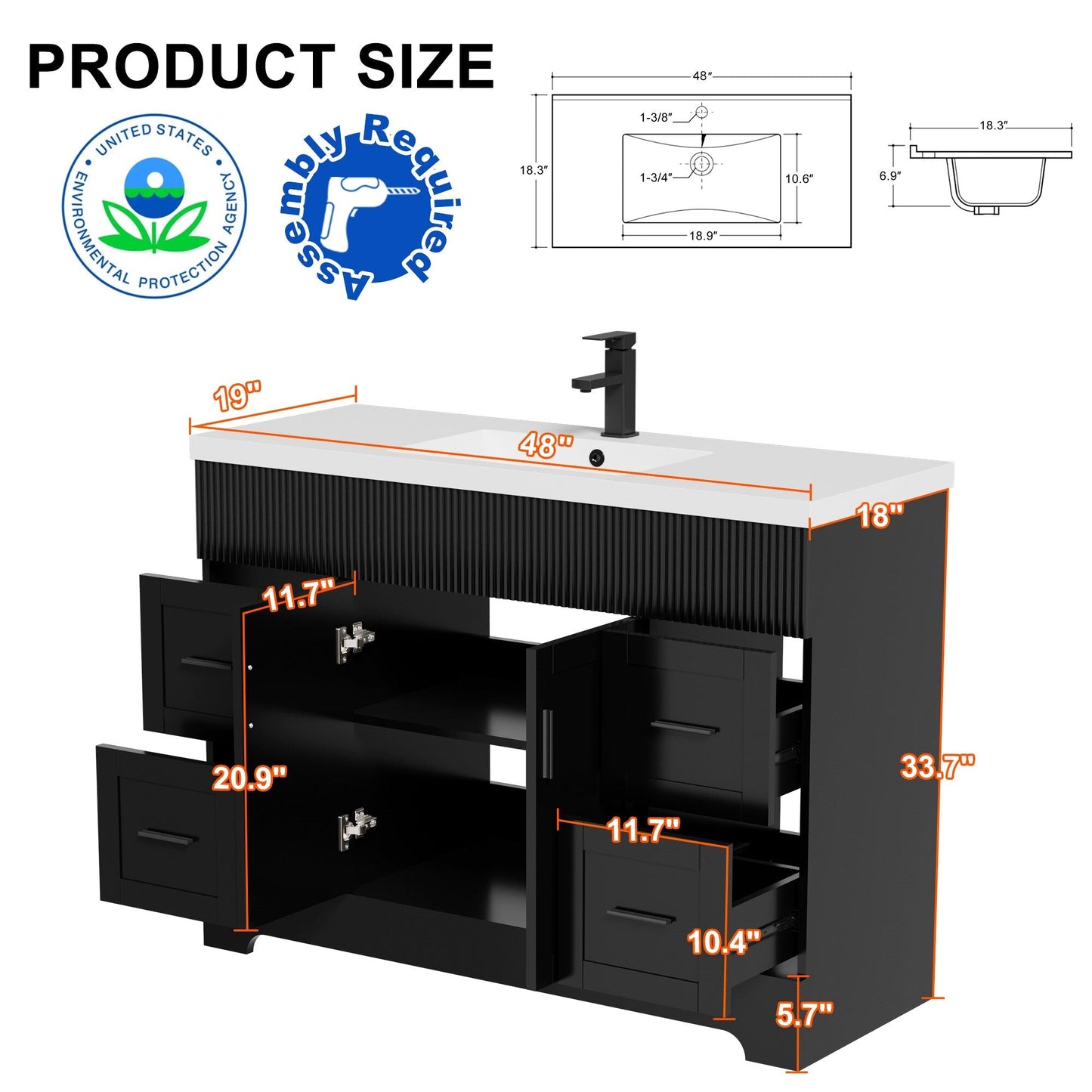 Wavy Line 30/36/48 Badezimmer-Waschtisch-Set mit Waschbecken und Wasserhahn