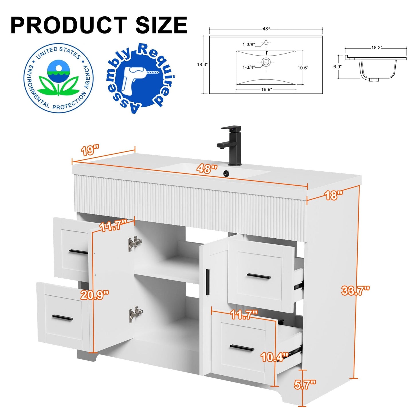 Wavy Line 30/36/48 Badezimmer-Waschtisch-Set mit Waschbecken und Wasserhahn