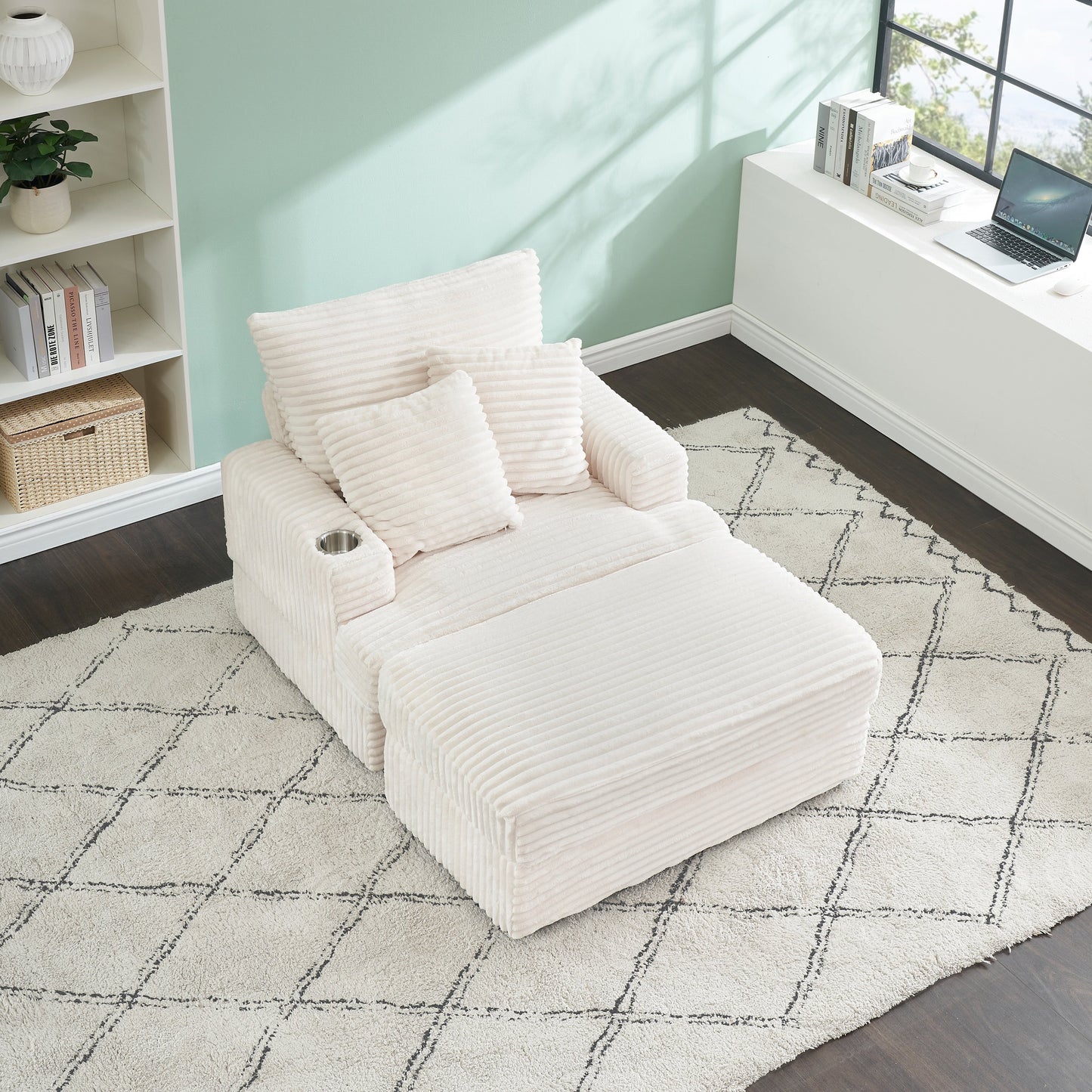 White 39.37 Corduroy Upholstered Single Armchair Sofa with Ottoman and Cup Holder for Lving Room