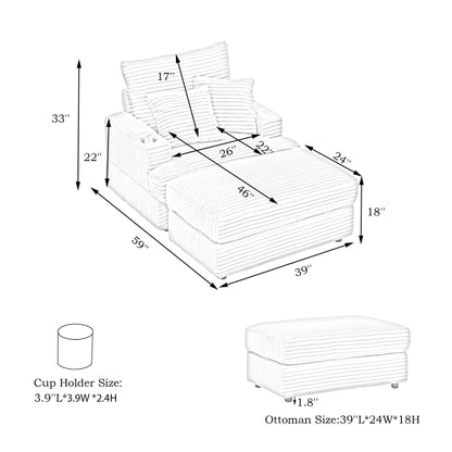 White 39.37 Corduroy Upholstered Single Armchair Sofa with Ottoman and Cup Holder for Lving Room
