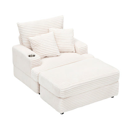 White 39.37 Corduroy Upholstered Single Armchair Sofa with Ottoman and Cup Holder for Lving Room