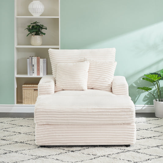 White 39.37 Corduroy Upholstered Single Armchair Sofa with Ottoman and Cup Holder for Lving Room
