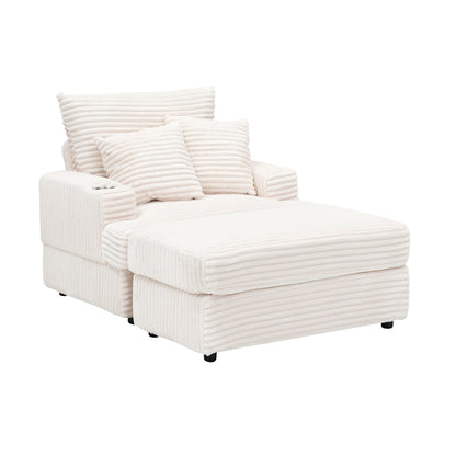 White 39.37 Corduroy Upholstered Single Armchair Sofa with Ottoman and Cup Holder for Lving Room