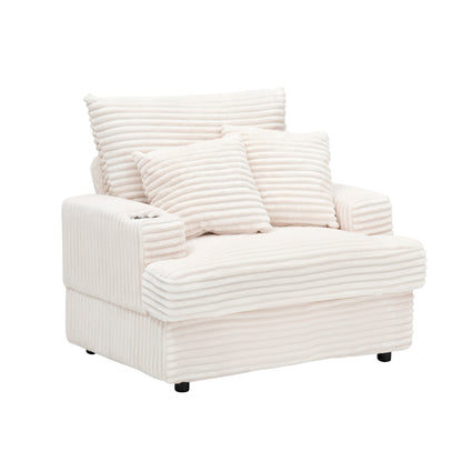 White 39.37 Corduroy Upholstered Single Armchair Sofa with Ottoman and Cup Holder for Lving Room