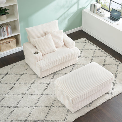 White 39.37 Corduroy Upholstered Single Armchair Sofa with Ottoman and Cup Holder for Lving Room