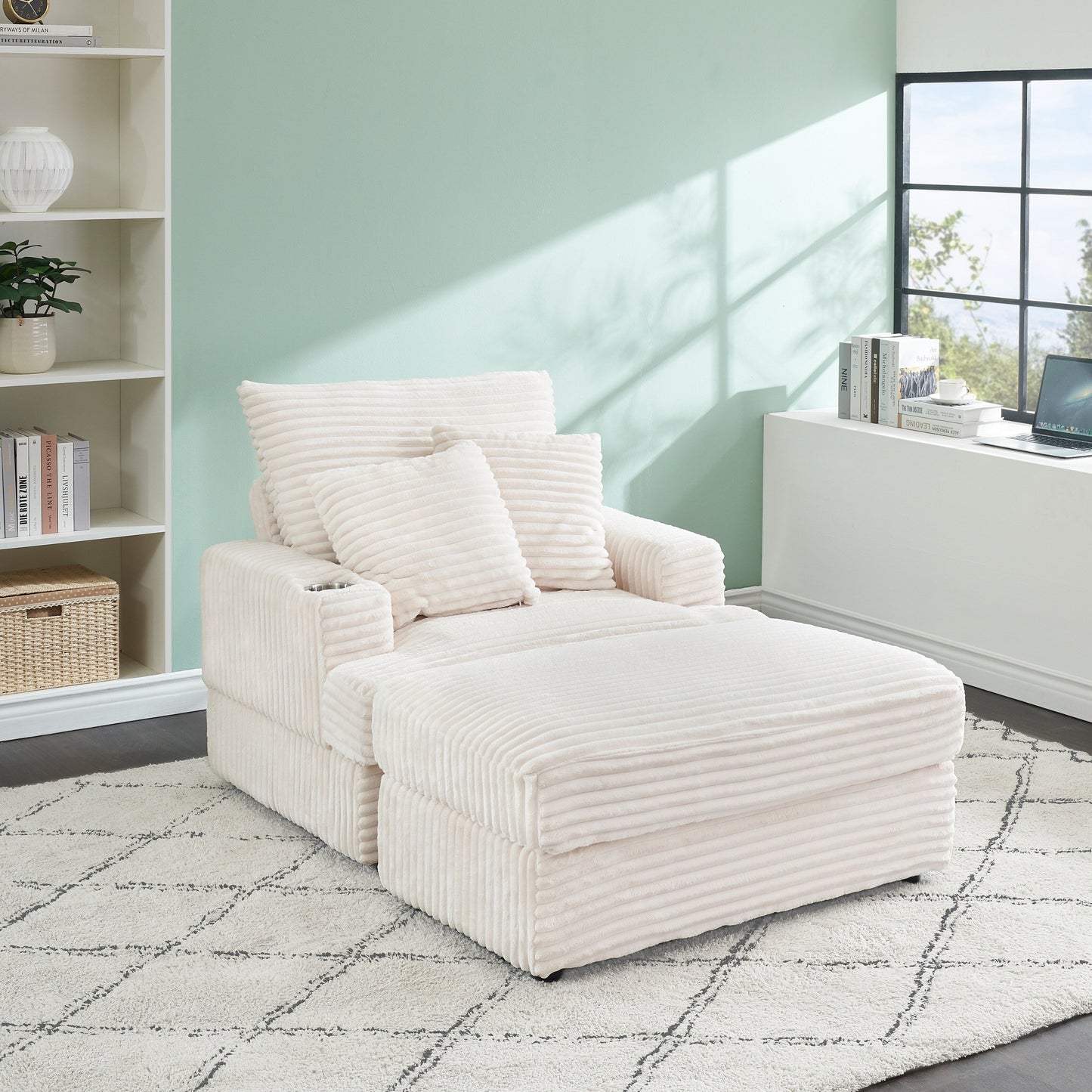 White 39.37 Corduroy Upholstered Single Armchair Sofa with Ottoman and Cup Holder for Lving Room