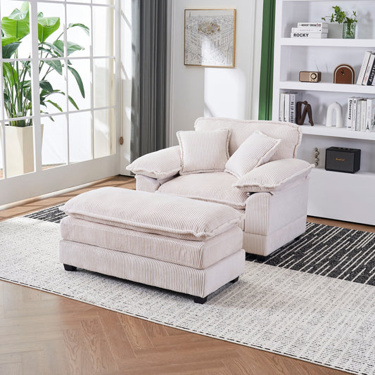 White 59.3 Corduroy Single Deep Seat Sofa with 2 Toss Pillows and Ottoman for Living Room
