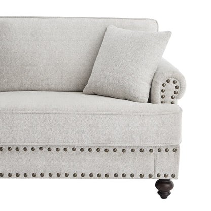 Modernes 2-Sitzer-Sofa, 155 cm, weiß, mit Nagelkopfbesatz, Kissen und hochdichten Polstern