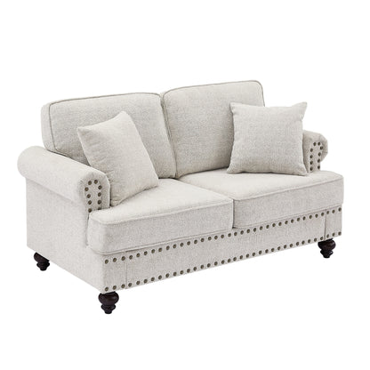Modernes 2-Sitzer-Sofa, 155 cm, weiß, mit Nagelkopfbesatz, Kissen und hochdichten Polstern