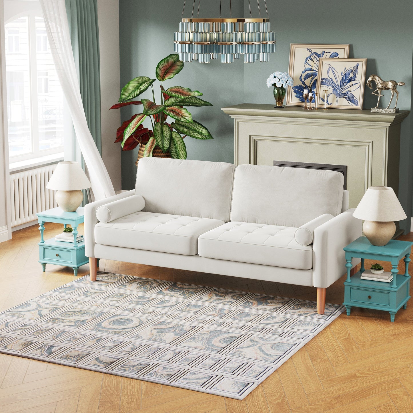 Weißes 67.7 gepolstertes 3-Sitzer-Sofa mit hochdichten Schaumstoffkissen, Massivholzrahmen und werkzeugloser Montage