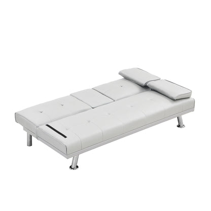 White 67 Faux Leather Loveseat Sofa Bed with 2 Cup Holder and Stainless Legs for Living Room