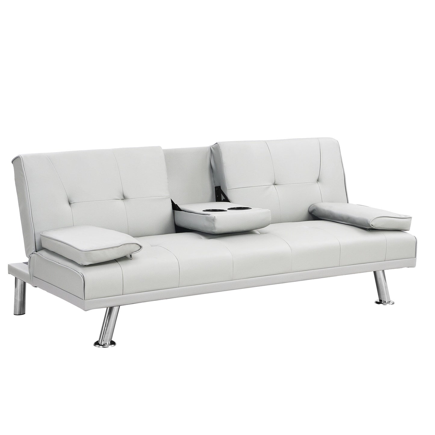 White 67 Faux Leather Loveseat Sofa Bed with 2 Cup Holder and Stainless Legs for Living Room