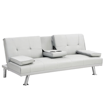 White 67 Faux Leather Loveseat Sofa Bed with 2 Cup Holder and Stainless Legs for Living Room