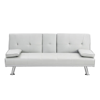 White 67 Faux Leather Loveseat Sofa Bed with 2 Cup Holder and Stainless Legs for Living Room