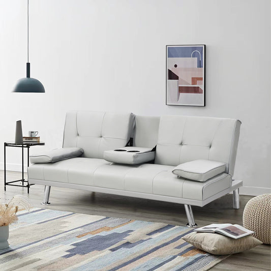 White 67 Faux Leather Loveseat Sofa Bed with 2 Cup Holder and Stainless Legs for Living Room