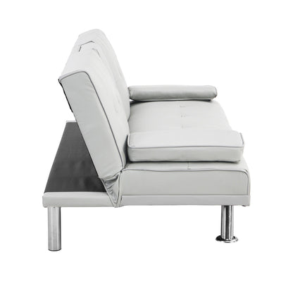 White 67 Faux Leather Loveseat Sofa Bed with 2 Cup Holder and Stainless Legs for Living Room