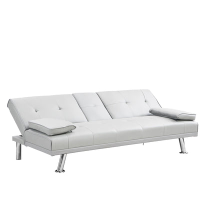 White 67 Faux Leather Loveseat Sofa Bed with 2 Cup Holder and Stainless Legs for Living Room