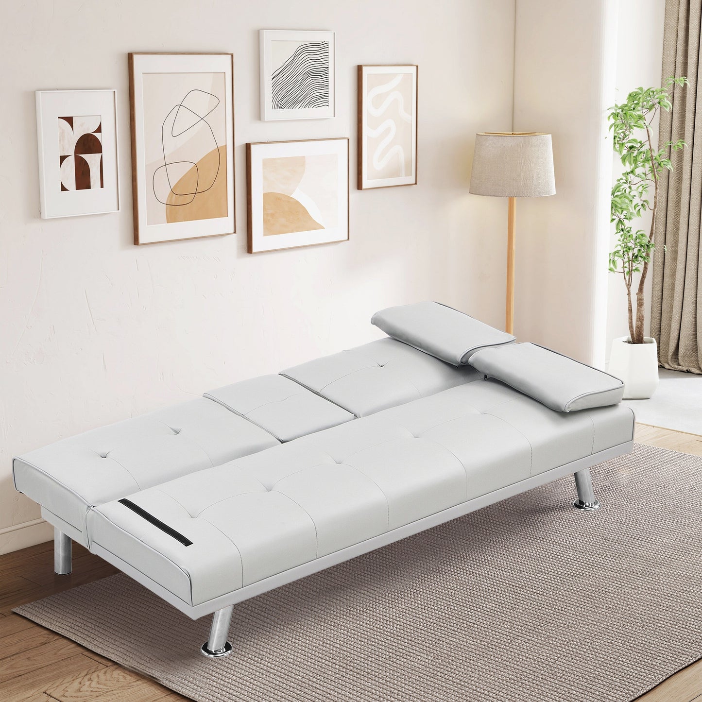 White 67 Faux Leather Loveseat Sofa Bed with 2 Cup Holder and Stainless Legs for Living Room